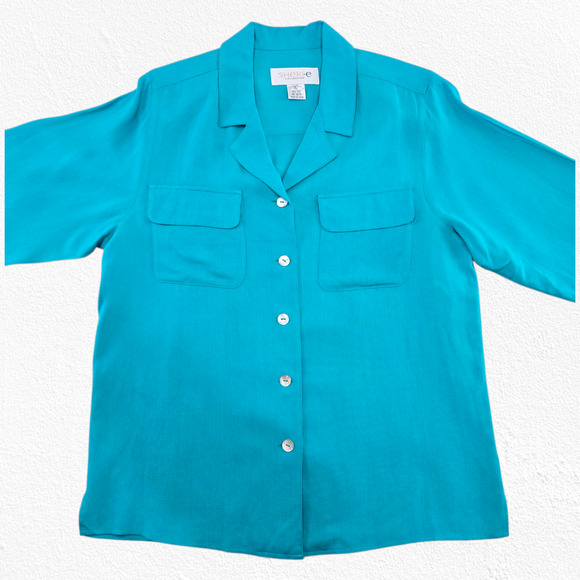 80s Vintage Turquoise Silk Button Up Blouse Size 6 Shoulder Pads Classic Casual - Picture 2 of 13